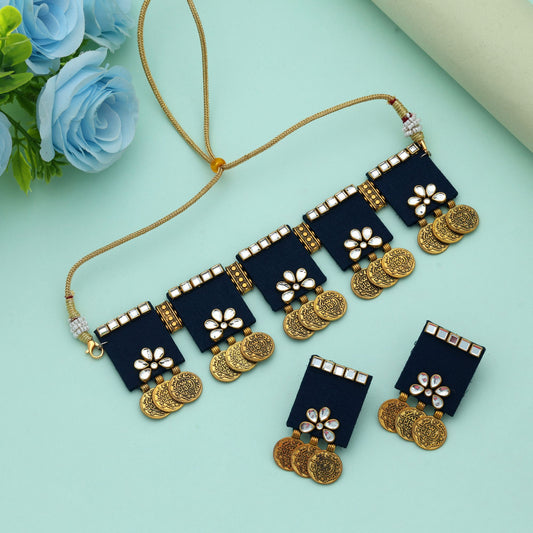 Blue Color Choker Wooden Handcraft Necklace Set Modern Elegant Ethnic Party Wear Jewelry Design