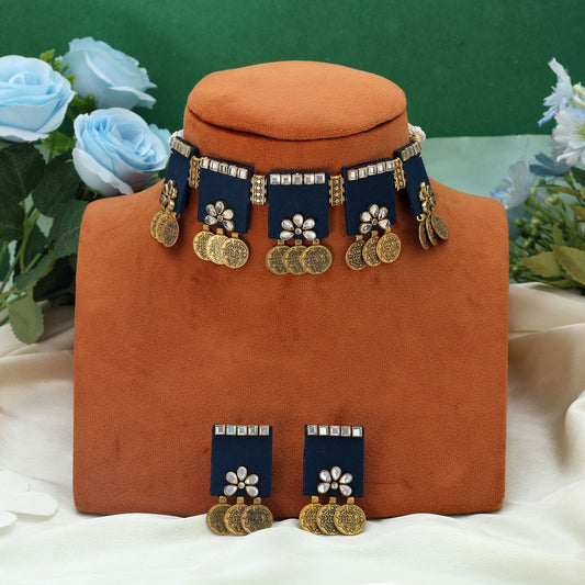 Blue Color Choker Wooden Handcraft Necklace Set Modern Elegant Ethnic Party Wear Jewelry Design