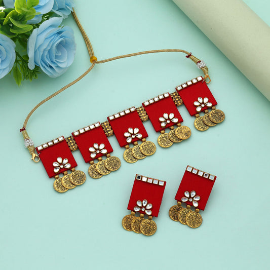 Red Color Choker Wooden Handcraft Necklace Set Traditional Ethnic Wedding Statement Jewelry Design