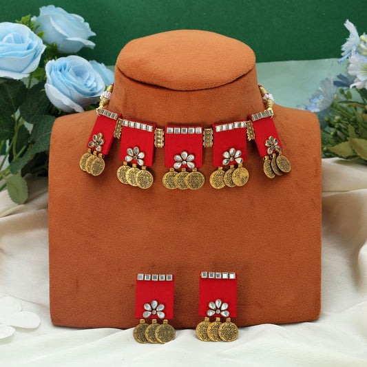 Red Color Choker Wooden Handcraft Necklace Set Traditional Ethnic Wedding Statement Jewelry Design
