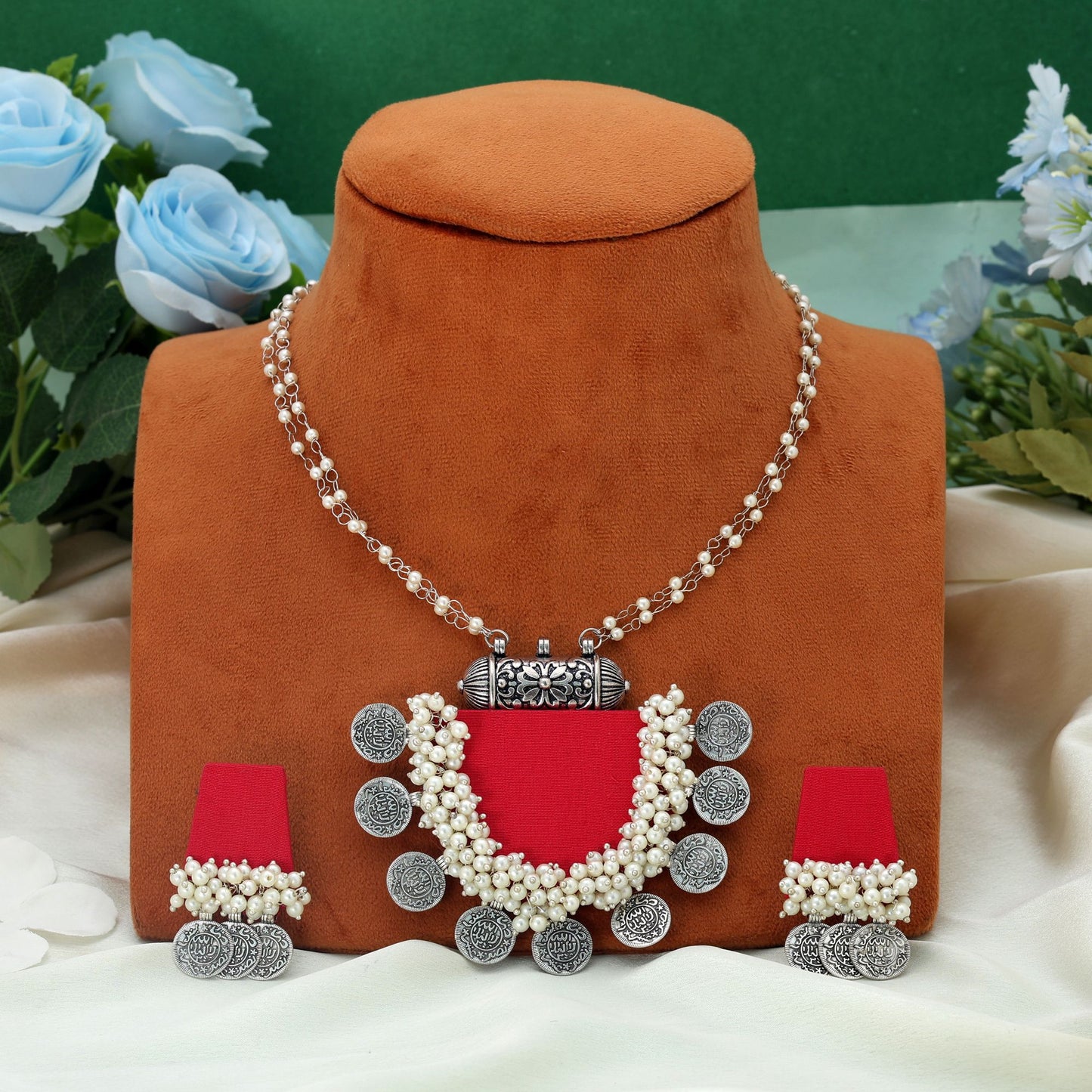 Rotes Holzhandwerk Halsketten-Set Königliche traditionelle Brautmode Statement-Schmuckdesign