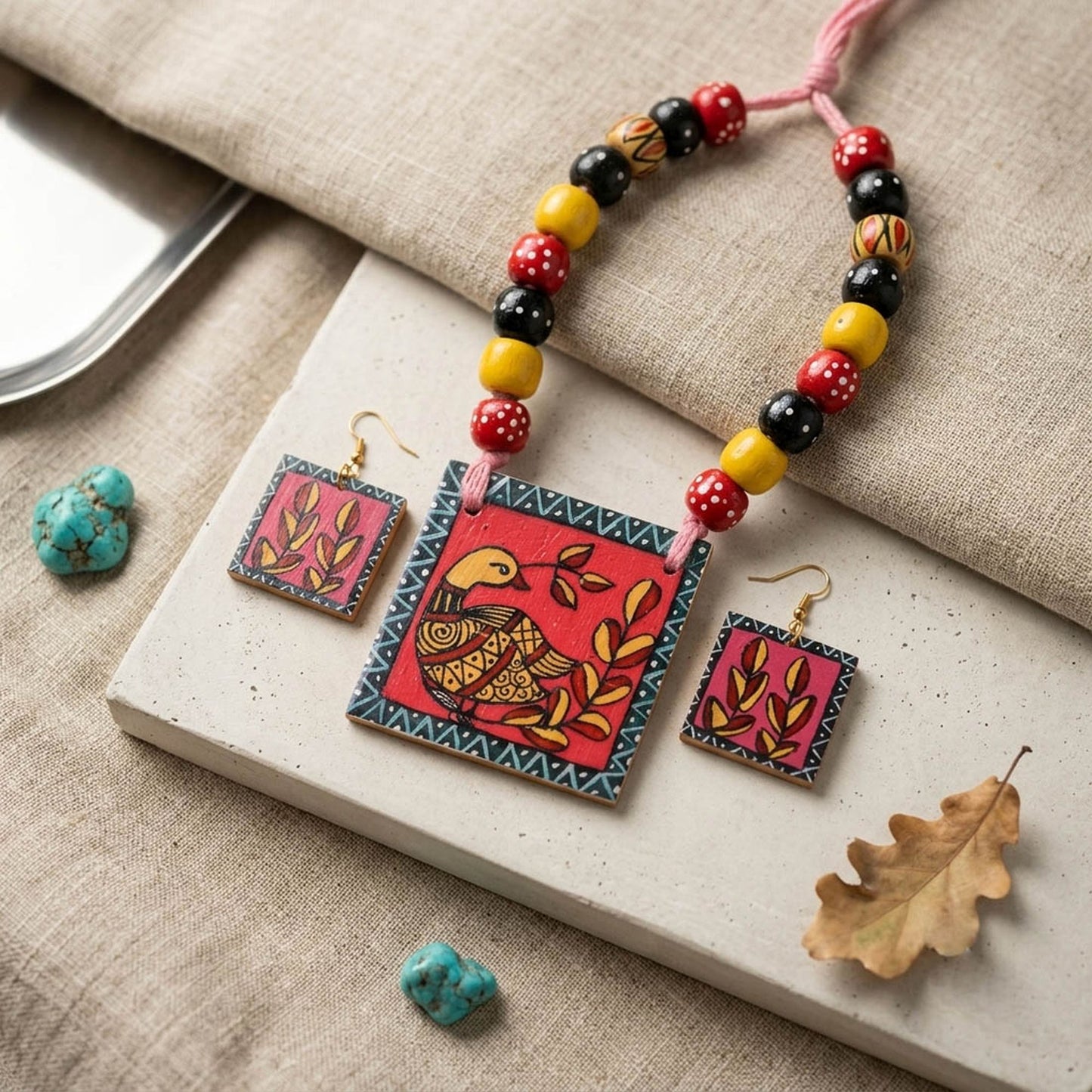 Multi Color Wooden Handcraft Necklace Set Featuring Artistic Traditional Fashion Style