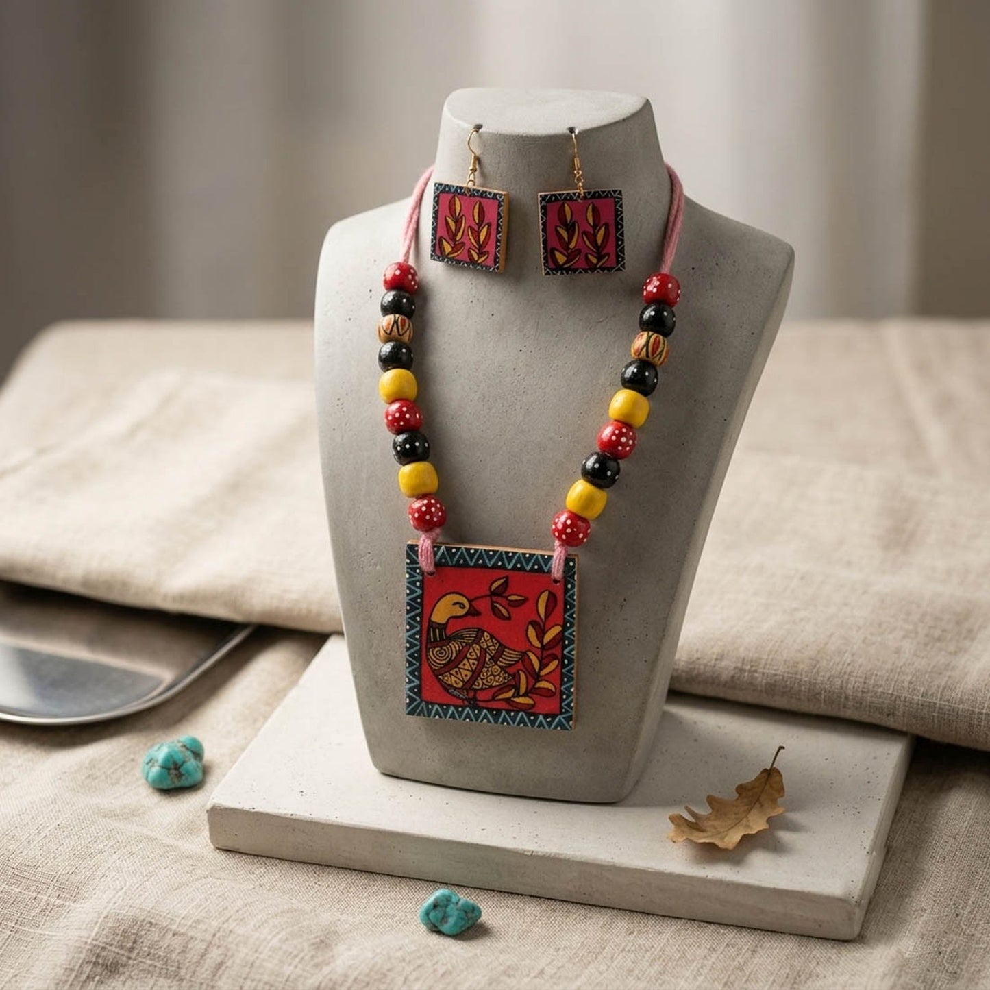 Multi Color Wooden Handcraft Necklace Set Featuring Artistic Traditional Fashion Style