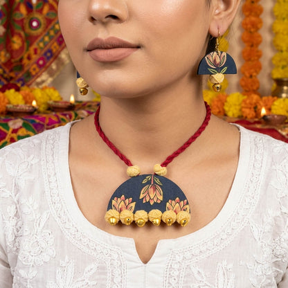Boho Style Multi Color Fabric Handcraft Necklace Set With Matching Dangle Earrings
