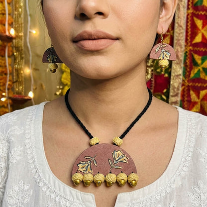 Artistic Handwoven Multi Color Fabric Handcraft Necklace Set With Dangle Earrings