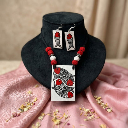 Traditional Red & White Color Wooden Handcraft Necklace Set With Dangle Earrings