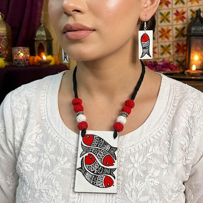 Traditional Red & White Color Wooden Handcraft Necklace Set With Dangle Earrings