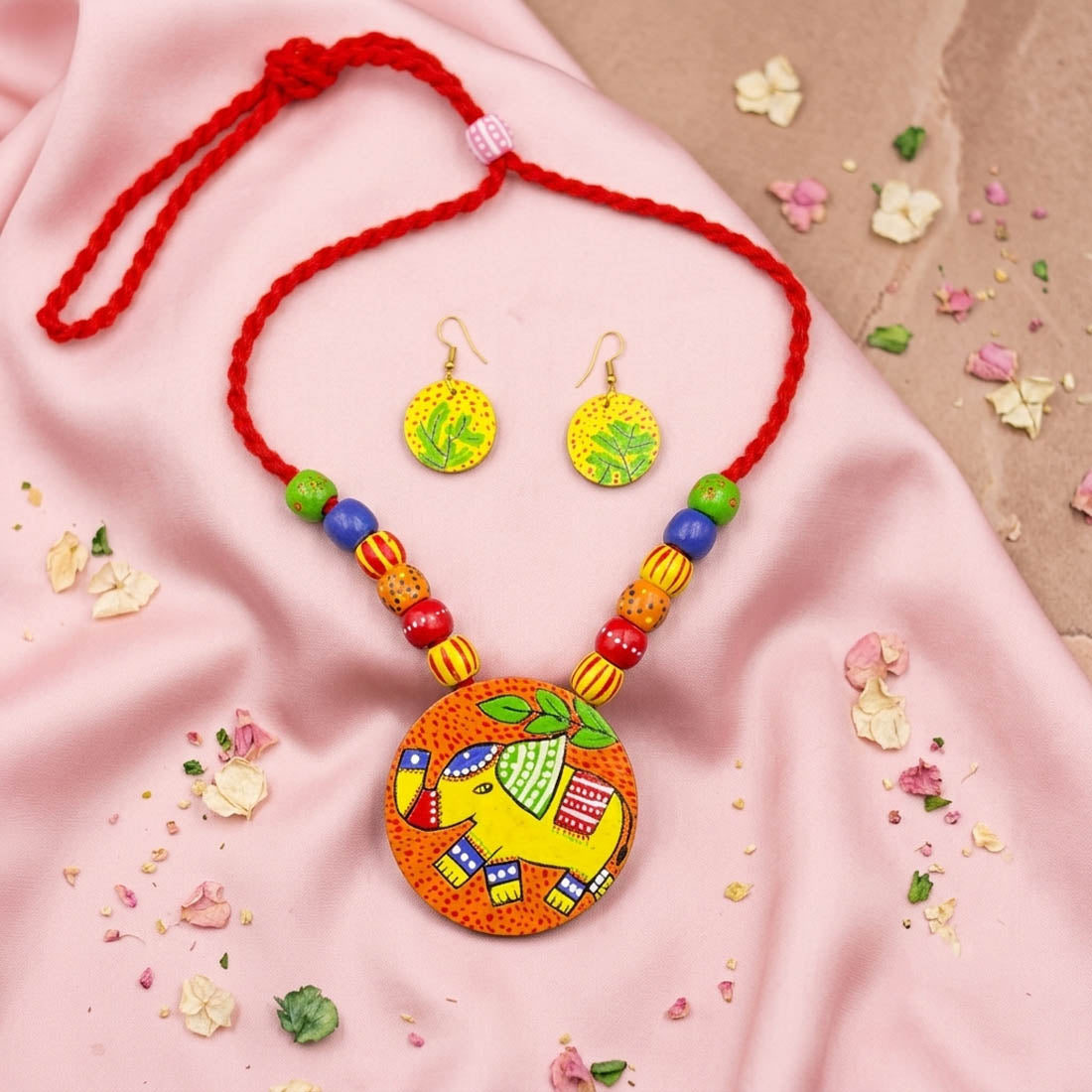Vibrant Tribal Multi Color Wooden Handcraft Necklace Set With Dangle Earrings