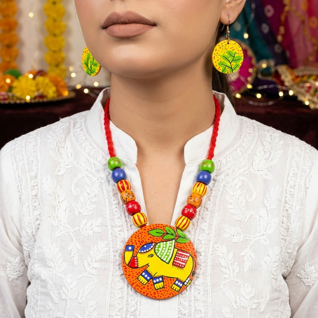 Vibrant Tribal Multi Color Wooden Handcraft Necklace Set With Dangle Earrings
