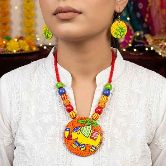 Vibrant Tribal Multi Color Wooden Handcraft Necklace Set With Dangle Earrings