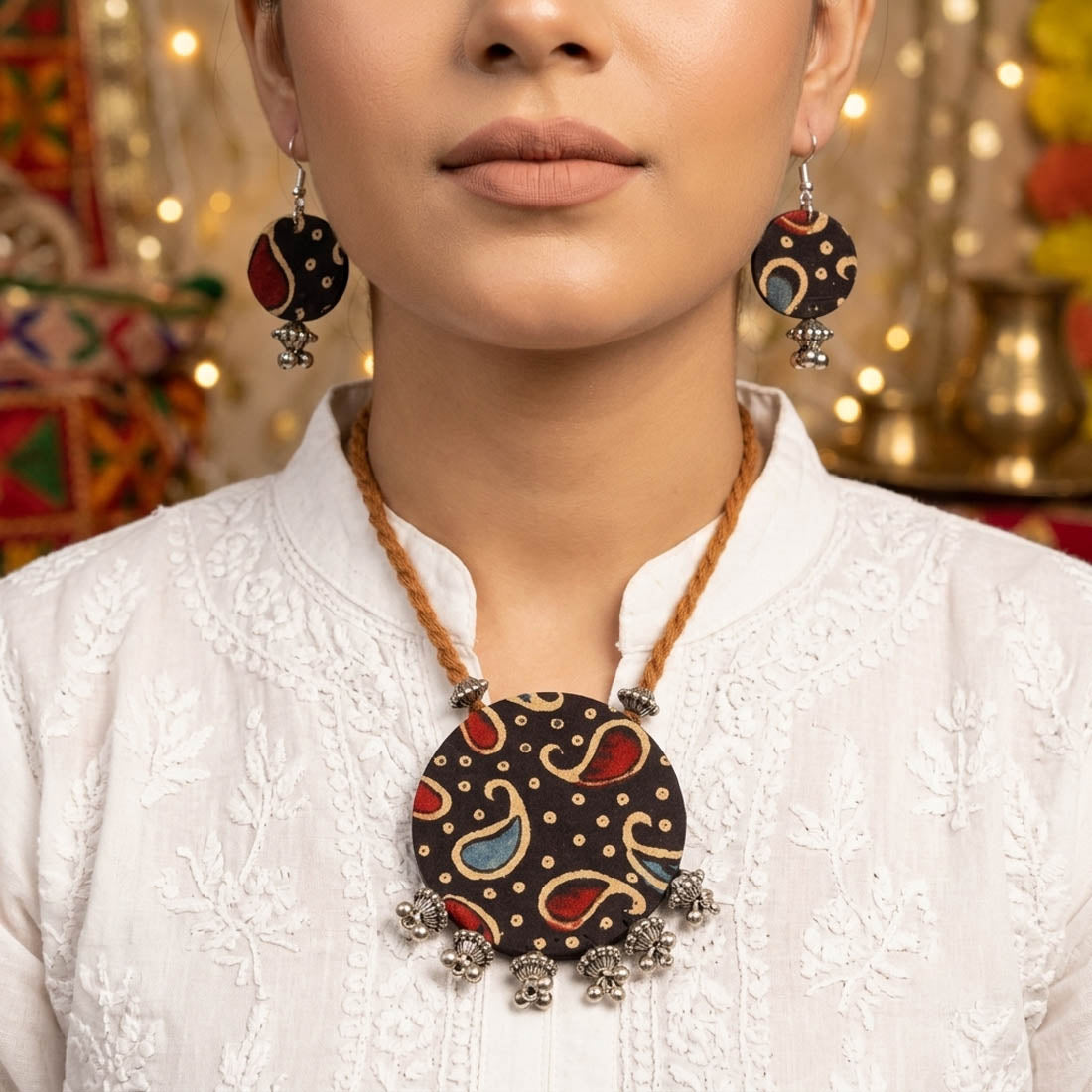 Colorfully Crafted Multi Color Fabric Handcraft Necklace Set With Dangle Earrings