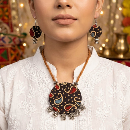 Colorfully Crafted Multi Color Fabric Handcraft Necklace Set With Dangle Earrings
