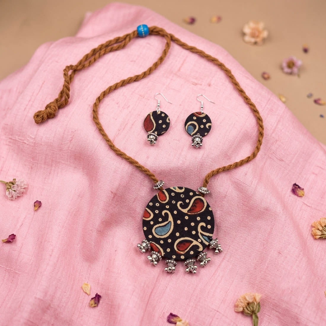 Colorfully Crafted Multi Color Fabric Handcraft Necklace Set With Dangle Earrings