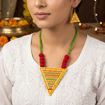 Bright Sunshine Yellow Color Wooden Handcraft Necklace Set With Dangle Earrings