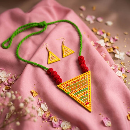 Bright Sunshine Yellow Color Wooden Handcraft Necklace Set With Dangle Earrings