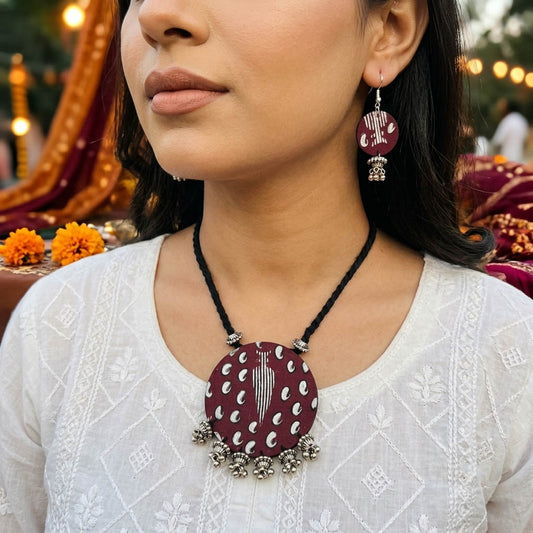 Handmade Folk Multi Color Fabric Handcraft Necklace Set With Dangle Earrings