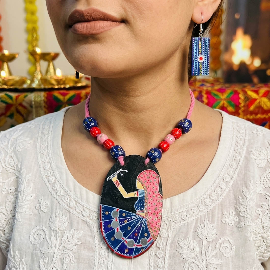 Unique Carved Multi Color Wooden Handcraft Necklace Set With Dangle Earrings