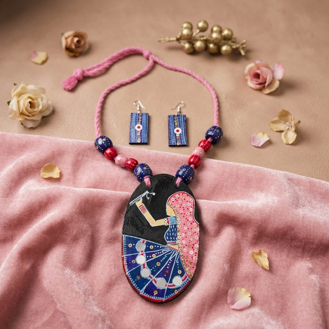 Unique Carved Multi Color Wooden Handcraft Necklace Set With Dangle Earrings