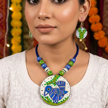 Ocean Royal Blue Color Wooden Handcraft Necklace Set With Dangle Earrings