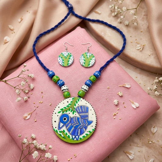 Ocean Royal Blue Color Wooden Handcraft Necklace Set With Dangle Earrings
