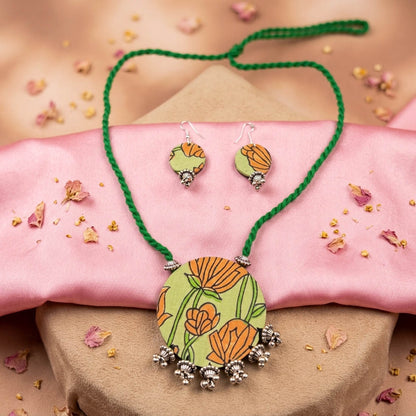 Festive Peacock Multi Color Fabric Handcraft Necklace Set With Dangle Earrings