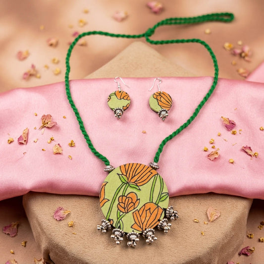 Festive Peacock Multi Color Fabric Handcraft Necklace Set With Dangle Earrings