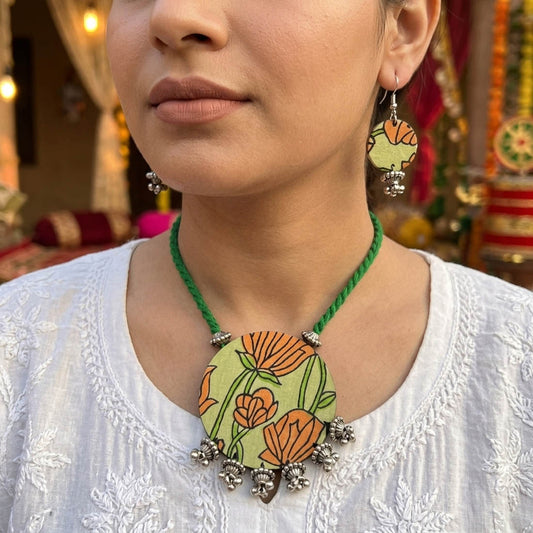 Festive Peacock Multi Color Fabric Handcraft Necklace Set With Dangle Earrings