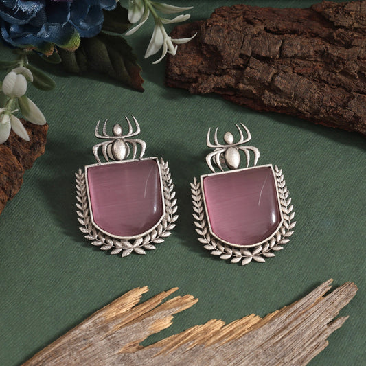 Pink Color Oxidised Earrings With Engraved Pattern In Festive Style