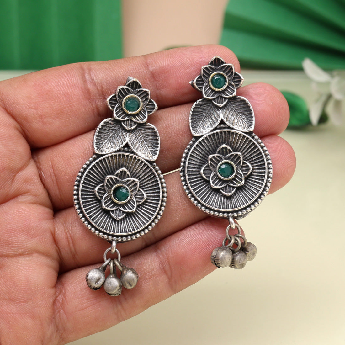 Bold Green Color Oxidised Earrings With Beautiful Handmade Finish