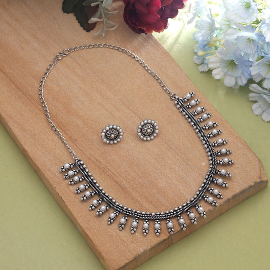 Silver Color Oxidised Necklace Set With Traditional Ethnic Design For Women