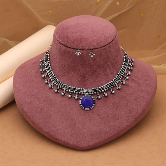 Blue Color Oxidised Necklace Set With Elegant Festive Wear Style