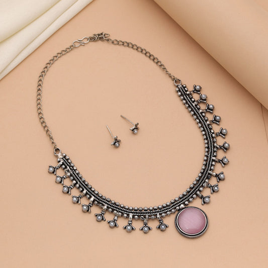 Light Pink Color Oxidised Necklace Set With Charming Ethnic Appeal