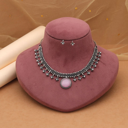 Light Pink Color Oxidised Necklace Set With Charming Ethnic Appeal