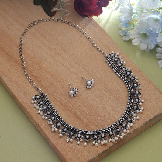 Silver Color Oxidised Necklace Set With Artistic Handcrafted Ethnic Finish