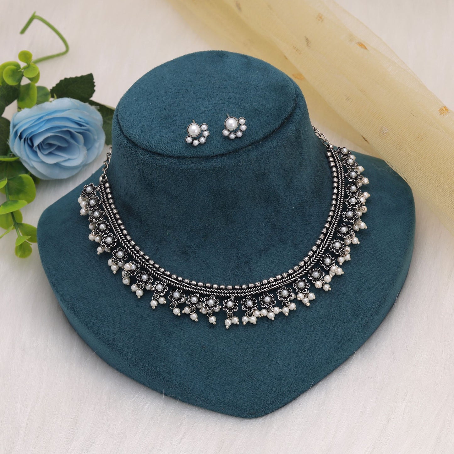 Silver Color Oxidised Necklace Set With Artistic Handcrafted Ethnic Finish