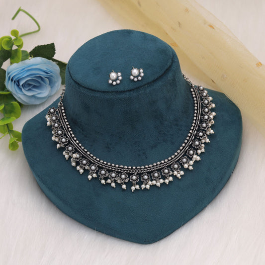 Silver Color Oxidised Necklace Set With Artistic Handcrafted Ethnic Finish