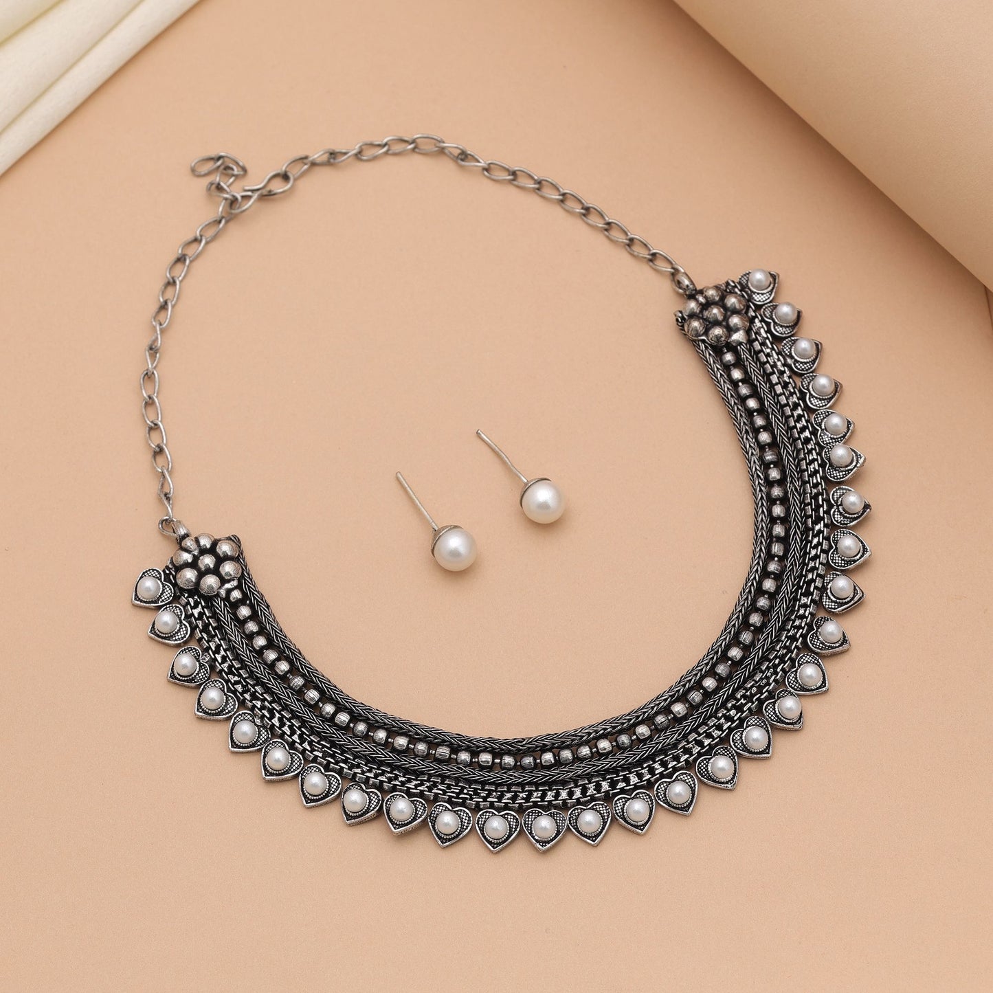 Silver Color Oxidised Necklace Set Designed For Festive Occasion Wear