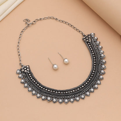 Silver Color Oxidised Necklace Set Designed For Festive Occasion Wear