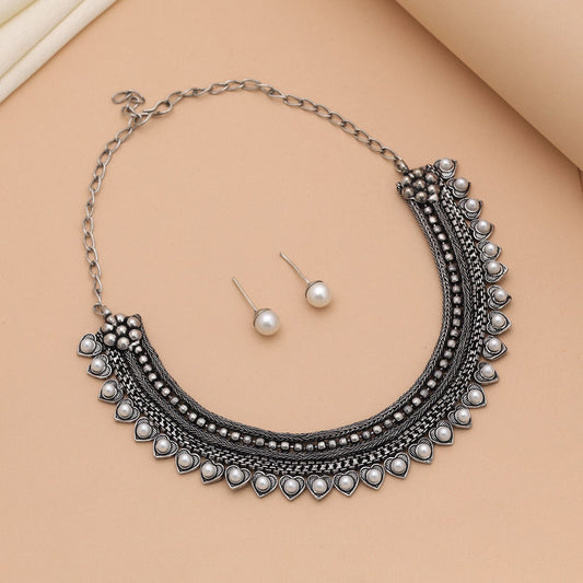 Silver Color Oxidised Necklace Set Designed For Festive Occasion Wear
