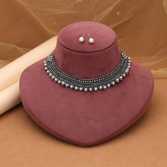 Silver Color Oxidised Necklace Set Designed For Festive Occasion Wear