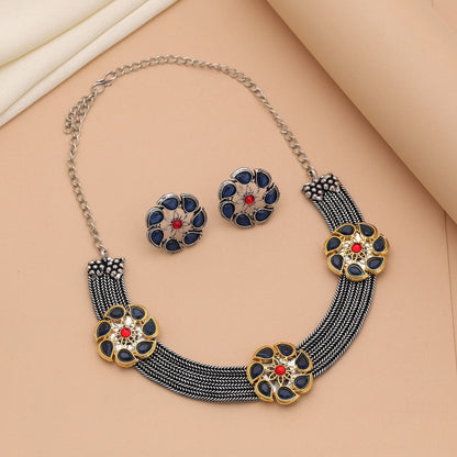 Blue Color Dual Tone Oxidised Necklace Set With Artistic Ethnic Design