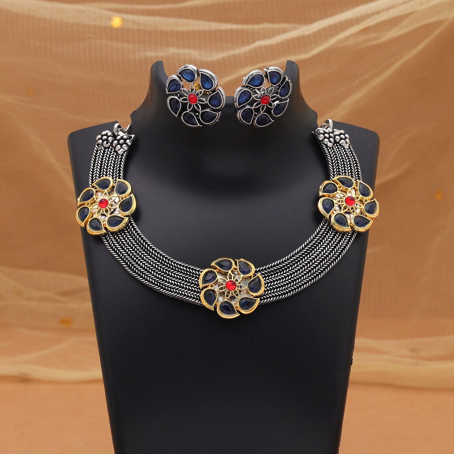 Blue Color Dual Tone Oxidised Necklace Set With Artistic Ethnic Design
