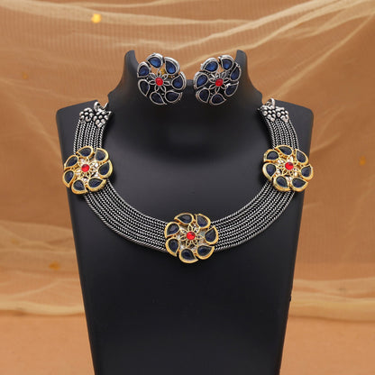 Blue Color Dual Tone Oxidised Necklace Set With Artistic Ethnic Design