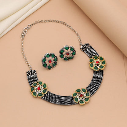Green Color Dual Tone Oxidised Necklace Set For Festive Traditional Wear