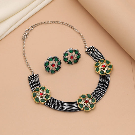 Green Color Dual Tone Oxidised Necklace Set For Festive Traditional Wear
