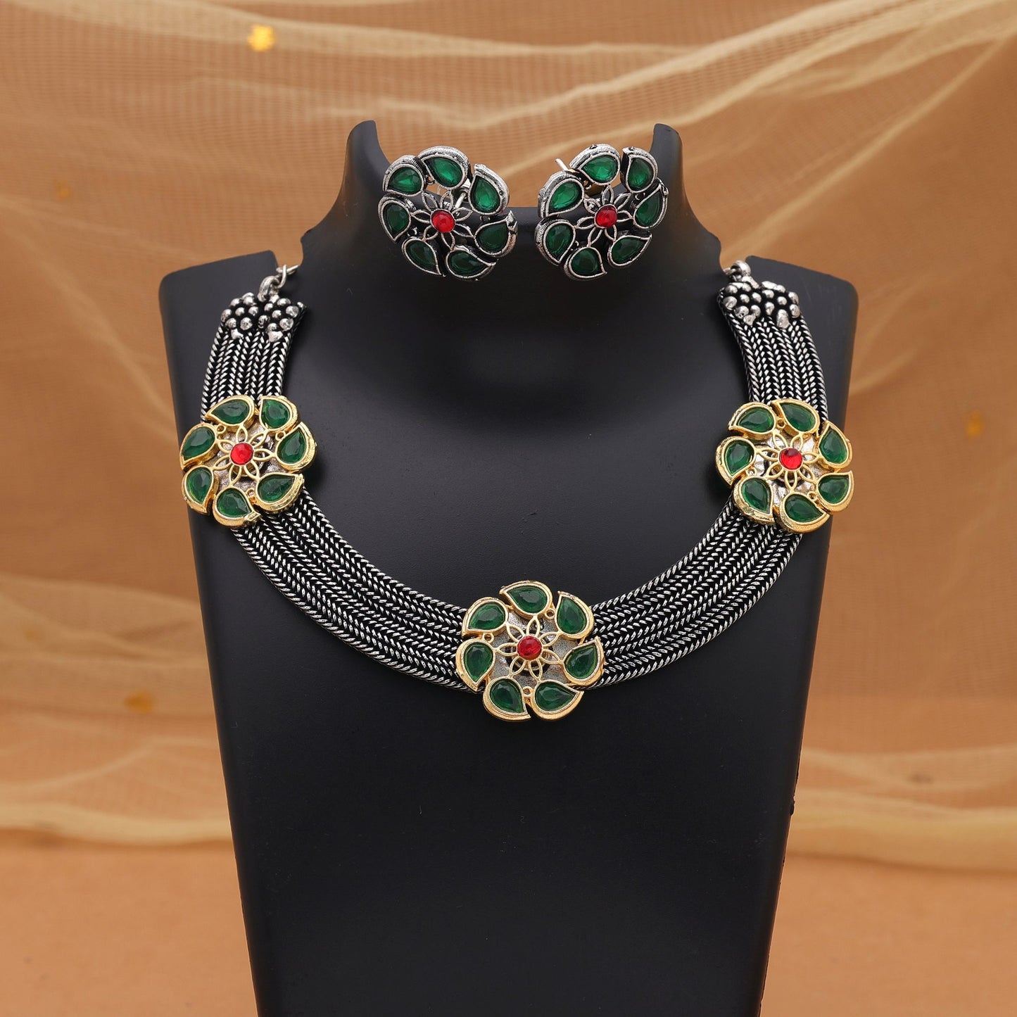 Green Color Dual Tone Oxidised Necklace Set For Festive Traditional Wear