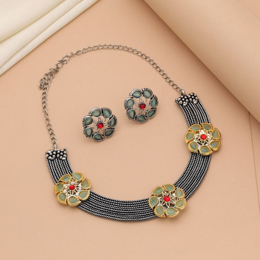 Pista Green Color Dual Tone Oxidised Necklace Set With Elegant Styling