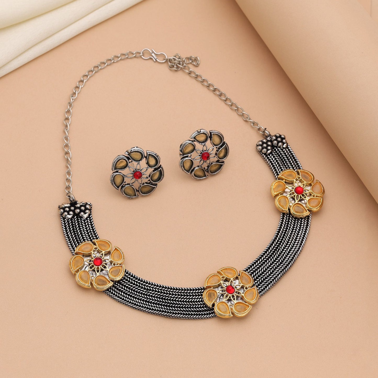 Yellow Color Dual Tone Oxidised Necklace Set With Vibrant Ethnic Charm