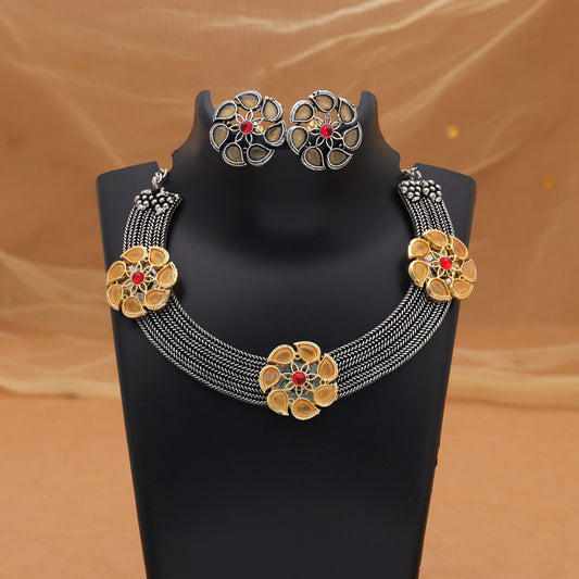 Yellow Color Dual Tone Oxidised Necklace Set With Vibrant Ethnic Charm