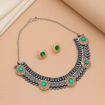 Green Color Dual Tone Oxidised Necklace Set Inspired By Cultural Heritage